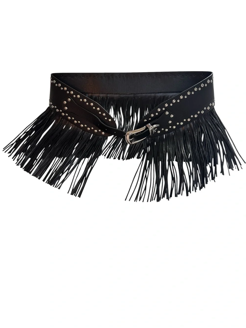 House of Harlow 1960 Black Fringe Belt with Silver Studs and Buckle